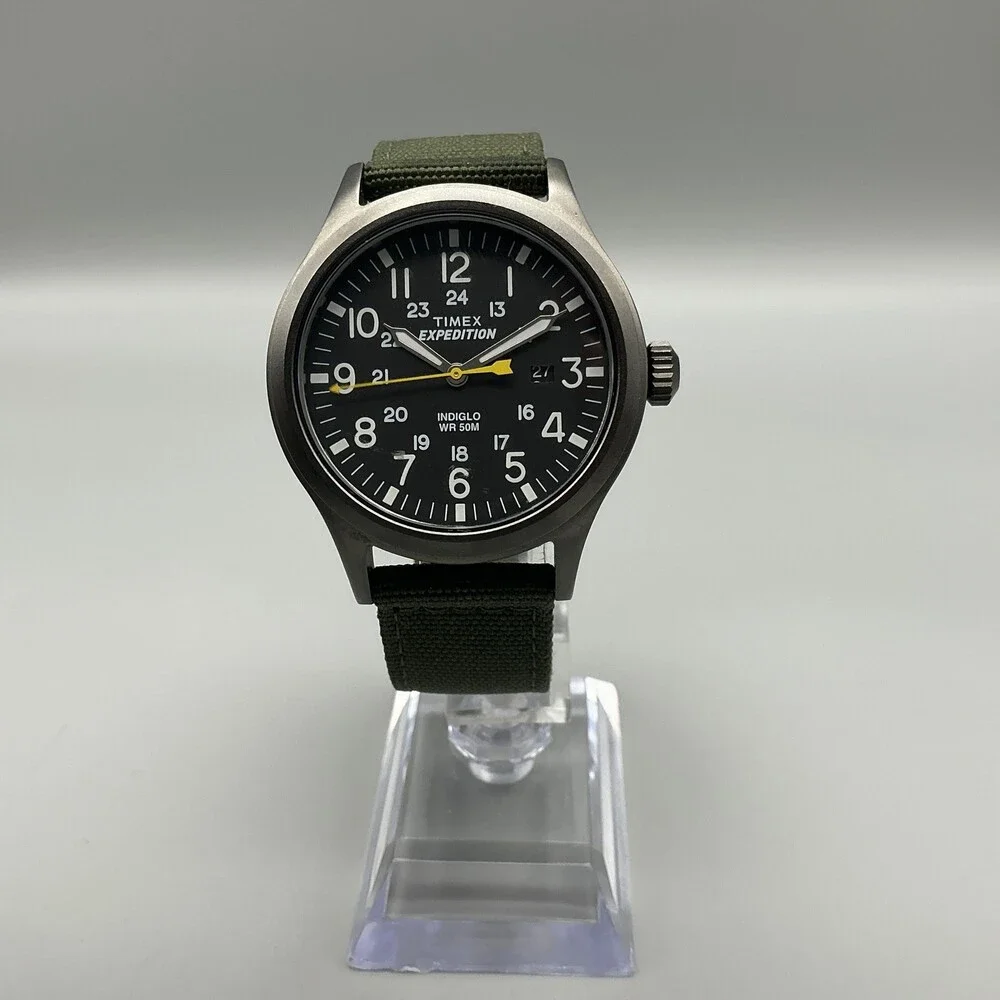 Timex Expedition Scout Indiglo Mens Watch 40mm Black Dial Green Band New Battery